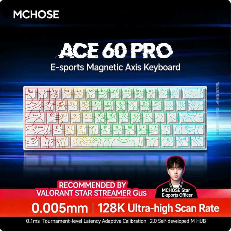 Tastiera Meccanica da Gaming MCHOSE ACE 60 Pro ACE68 V2 Personalizzata con Asse Magnetico, Cablata, Hot Swap, 0.08ms, 0.001mmRT, 8KHz, 256K SOCD/RS