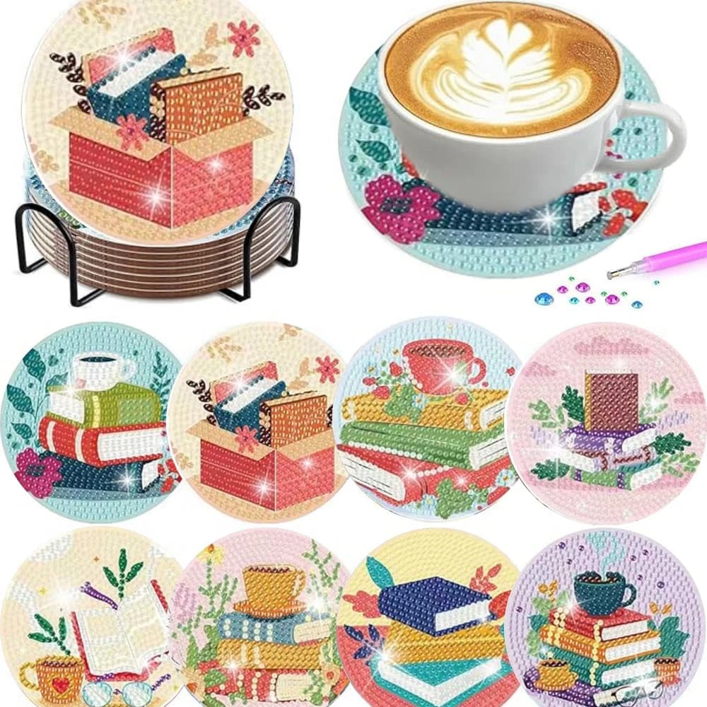 8 Pieces/Set of Diamond Painted Coaster Set Acrylic Book Painting Coaster (With Holder) - DIY Diamond Art Craft Kit for Home Dec