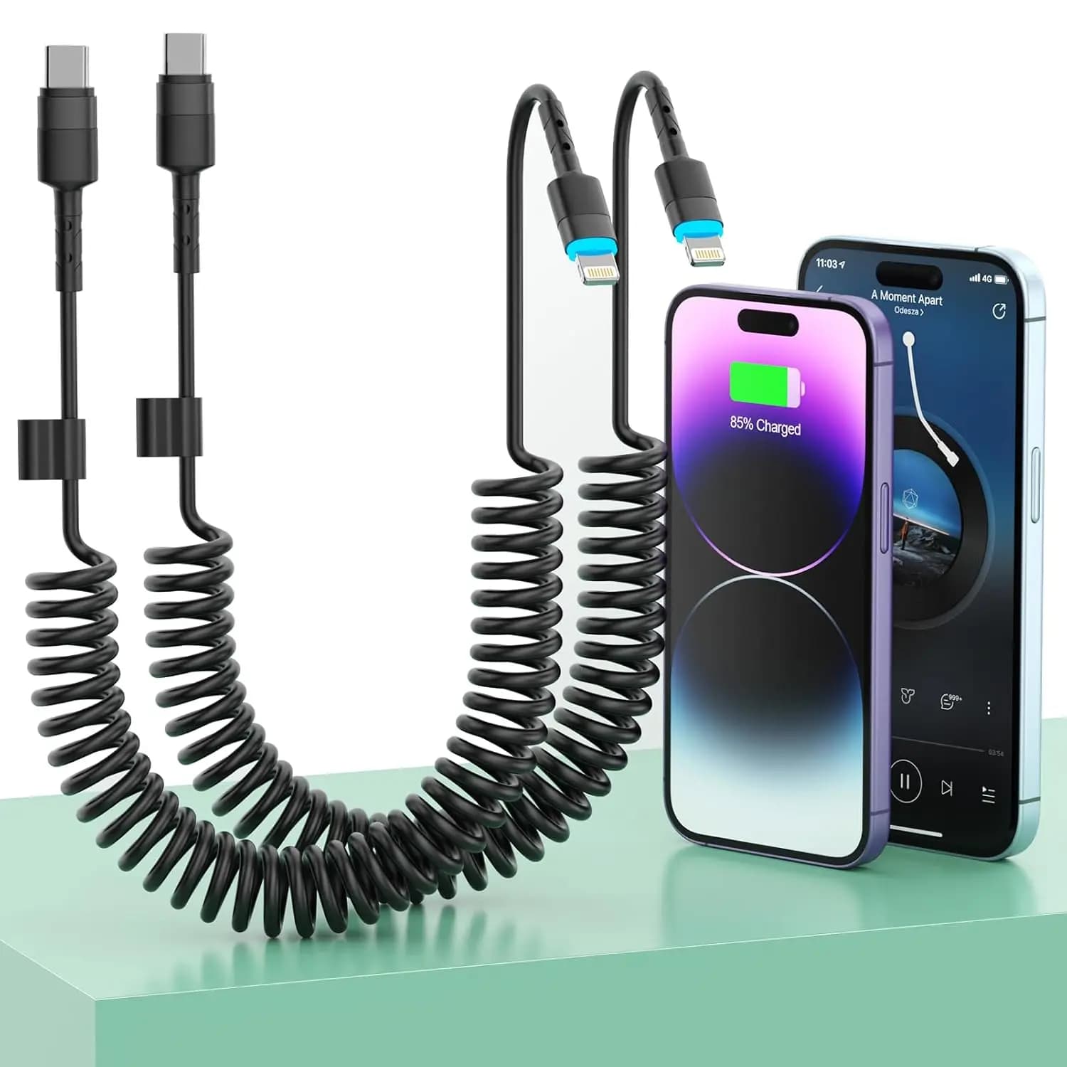 2Pack Coiled USB C to Lightning Cable Apple Carplay Cord MFi Certified Data Transmission Retractable Charger for iPhone/Pad/Pod