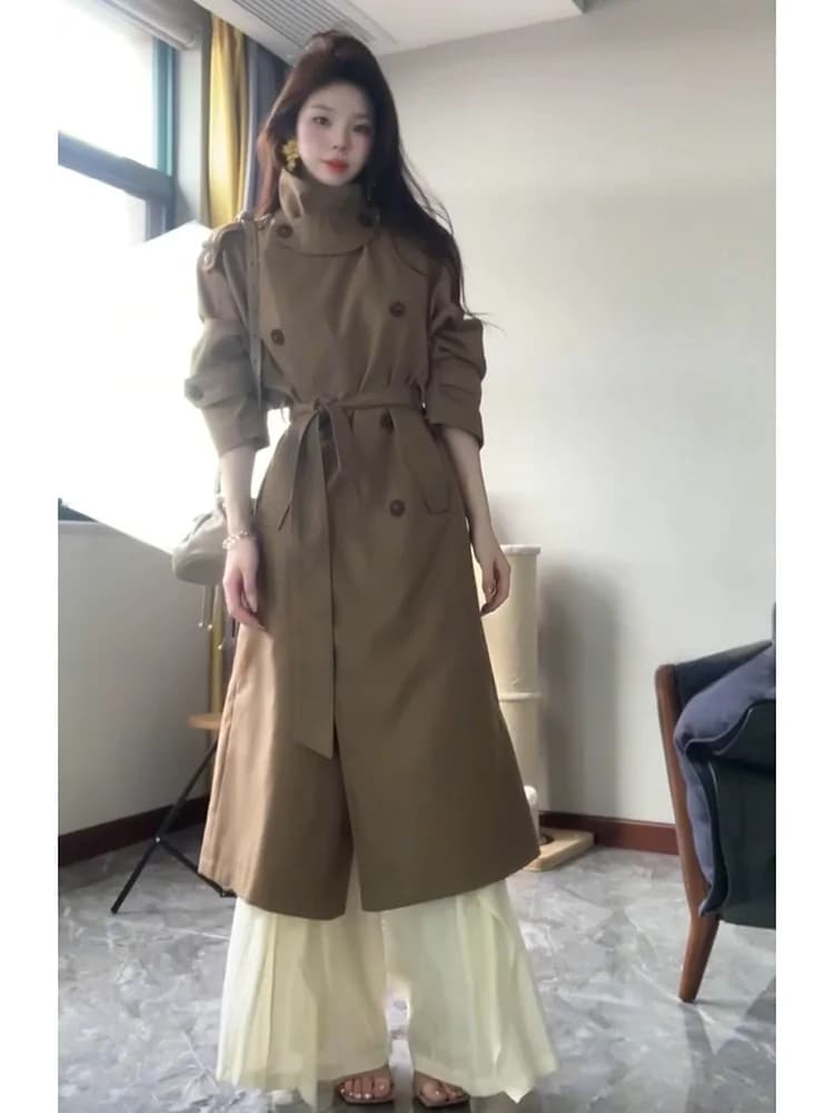 Strive Elegant Double-Row Button Stand-Collar Windbreaker Women's Vintage Spring Coat with Belt Large Size Fashionable Outerwear