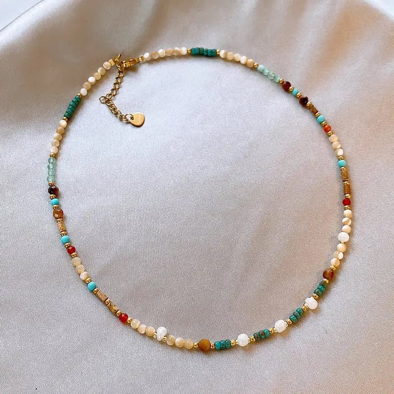 Dopamine Millet Bead Mixed Color Natural Stone Shell Bead Necklace Fashionable Retro New Chinese Style Titanium Steel Lock Chain