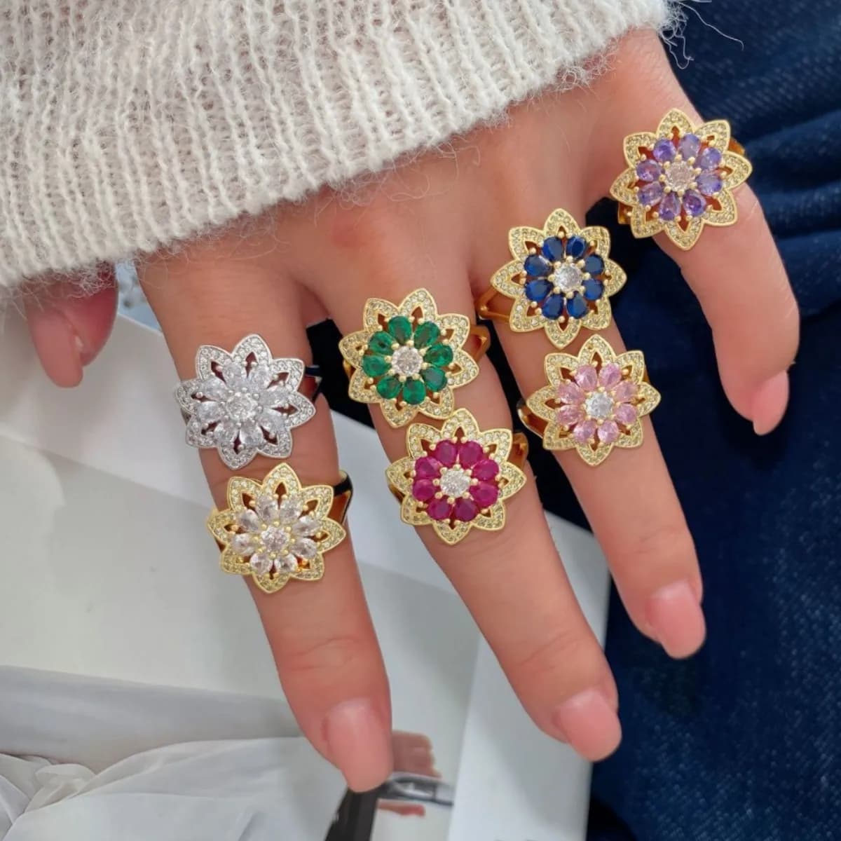 Wholesale European and American Light Luxury Colorful Zircon 3d Flower Micro-pave Full Diamond Rings