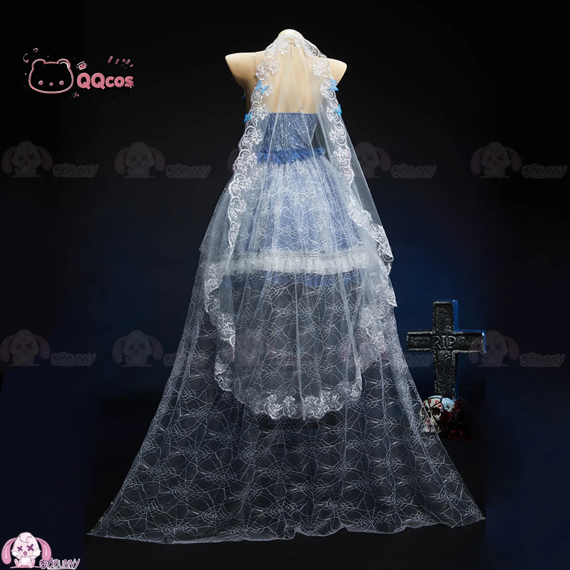 QQcos Emily Game Cosplay Series:Corpse Bride Emily Cosplay Costume Full Set Halloween Cosplay Blue Butterfly Gothic Lolita Dress