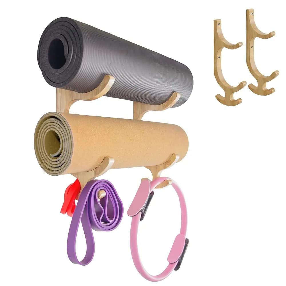 Supporto da Parete in Legno per Tappetini Yoga - Porta Tappetini Yoga - Organizzatore e Contenitore per Attrezzature da Palestra Domestica - Supporto da Parete per Bande di Resistenza