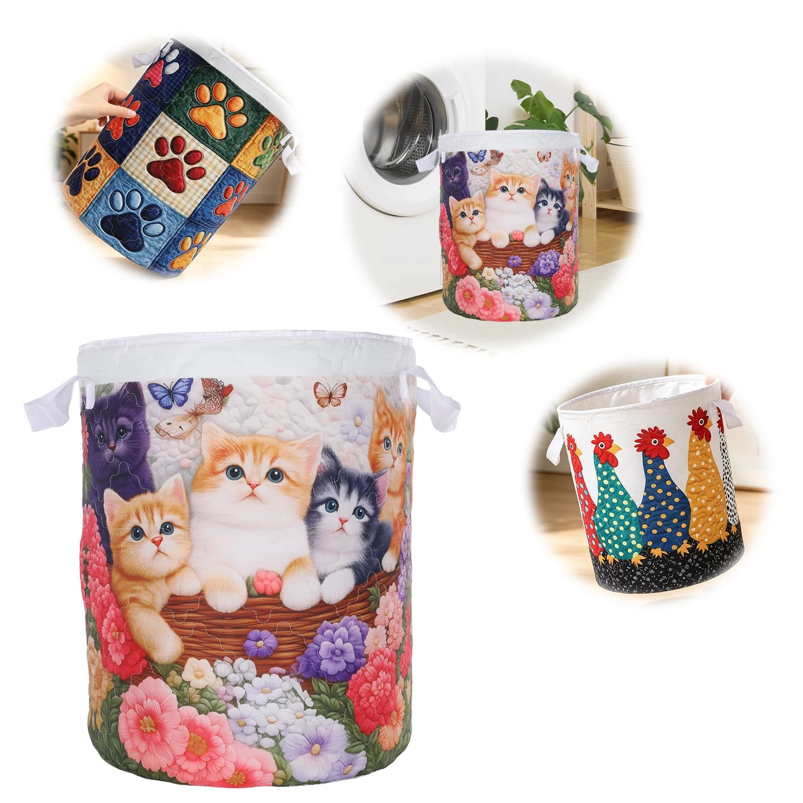 Floral Boho Laundry Basket,Foldable Polyester Vintage Laundry Hamper with Handles, 22.01"x16" Tote Bag Clothes Storage Bucket