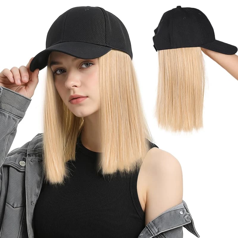 Adjustable Baseball Cap Wig 10Inch Black Medium Straight Synthetic Hair Extensions, Fashion Hat Wig for Women Daily Outdoor Wear