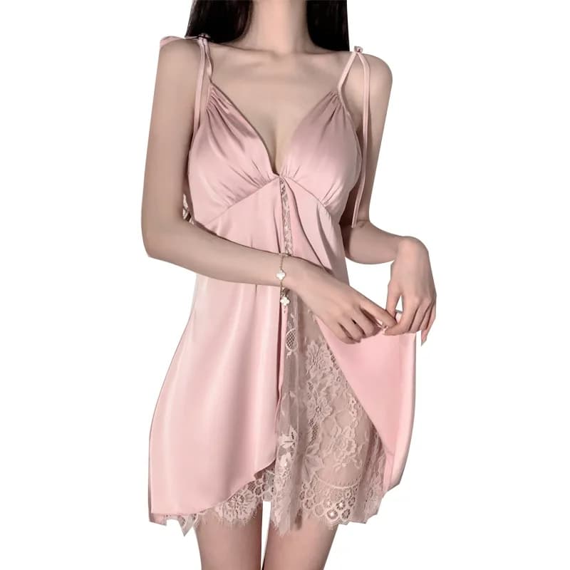 Camicia da notte Sexy a V profonda abito da tentazione in raso di seta senza schienale abiti con fasciatura in pizzo costumi per la casa pigiama aggiungi cuscino sul petto