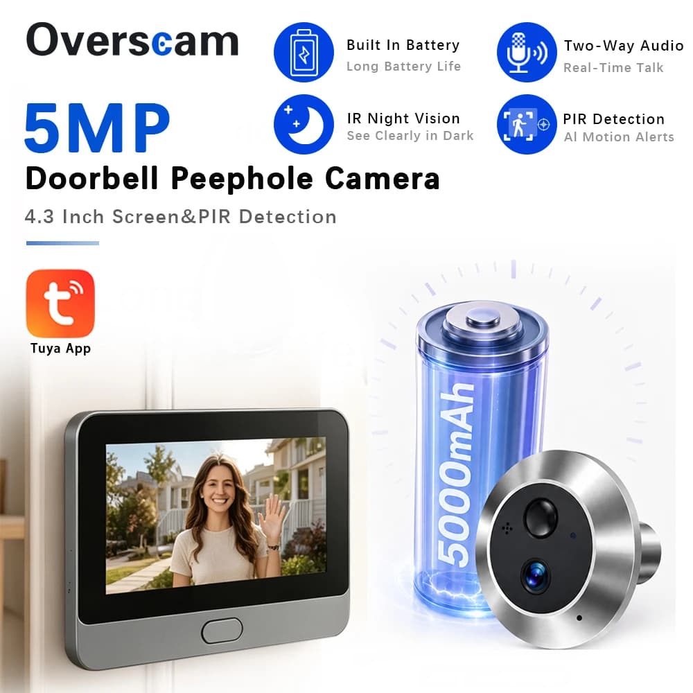 5MP WiFi Video Doorbell Peephole Camera 4.3 Inch Screen Tuya PIR Motion Detection 5000mAh Battery IR Night Vision Audio Record