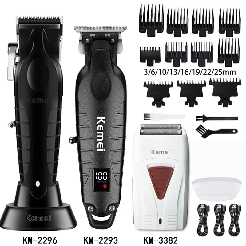 Kit Tagliacapelli Elettrico Kemei per Uomo, Rasoio e Regolabarba Professionale, Modelli KM-2296 KM-3382 KM-2293