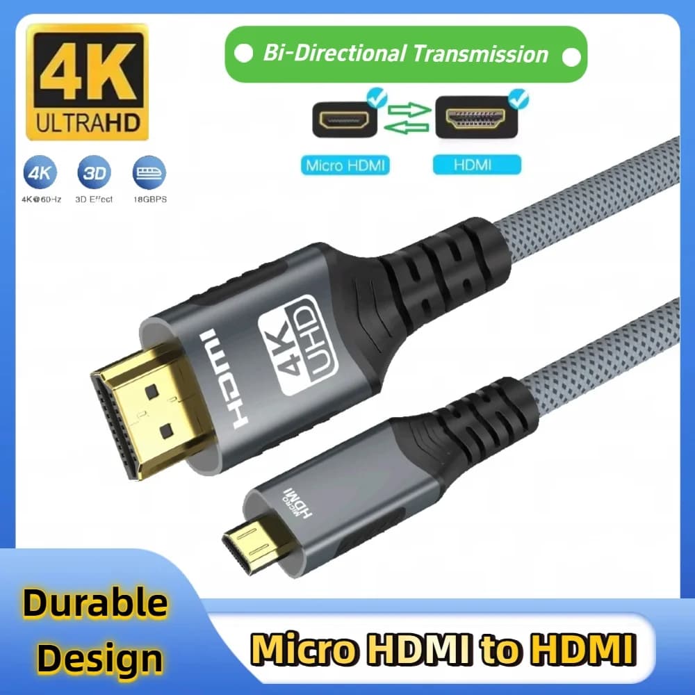 Cavo micro HDMI compatibile con HDMI Convertitore adattatore bidirezionale intrecciato da 18 Gbps 4K a 60 Hz per fotocamera HDTV PS4 Tablet XBOX