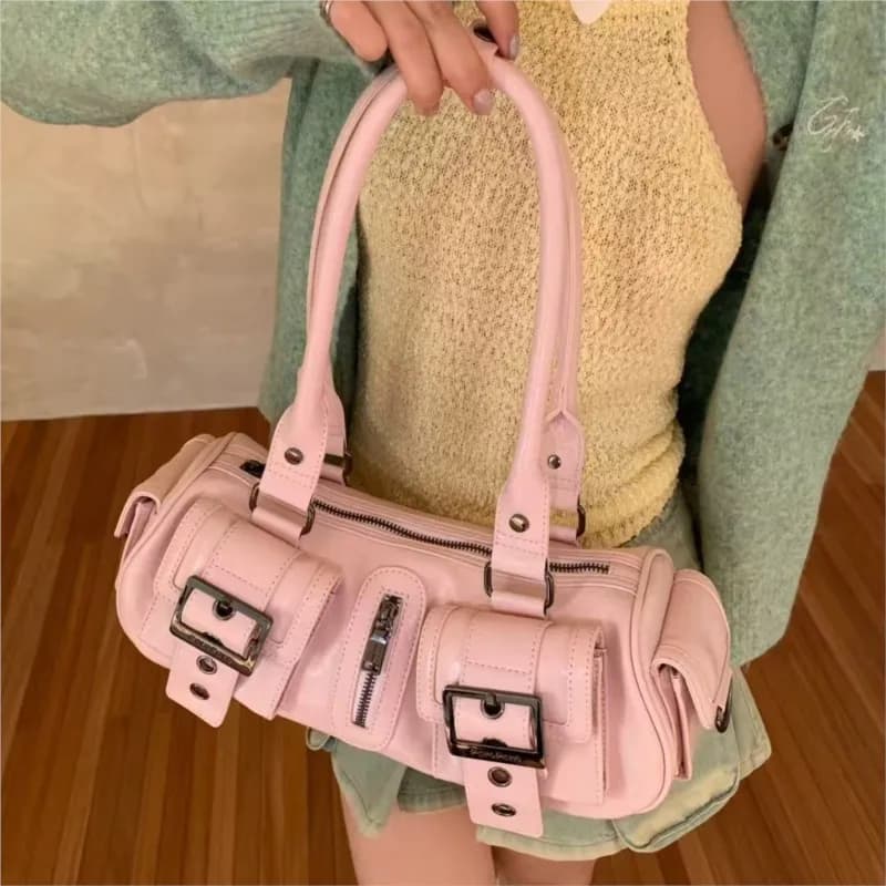 Vintage Pink Handbag Women Oil Wax Leather Multi Pocket Belt Buckle Design Underarm Bag Ladies Trendy Y2k Hot Girl Shoulder Bags