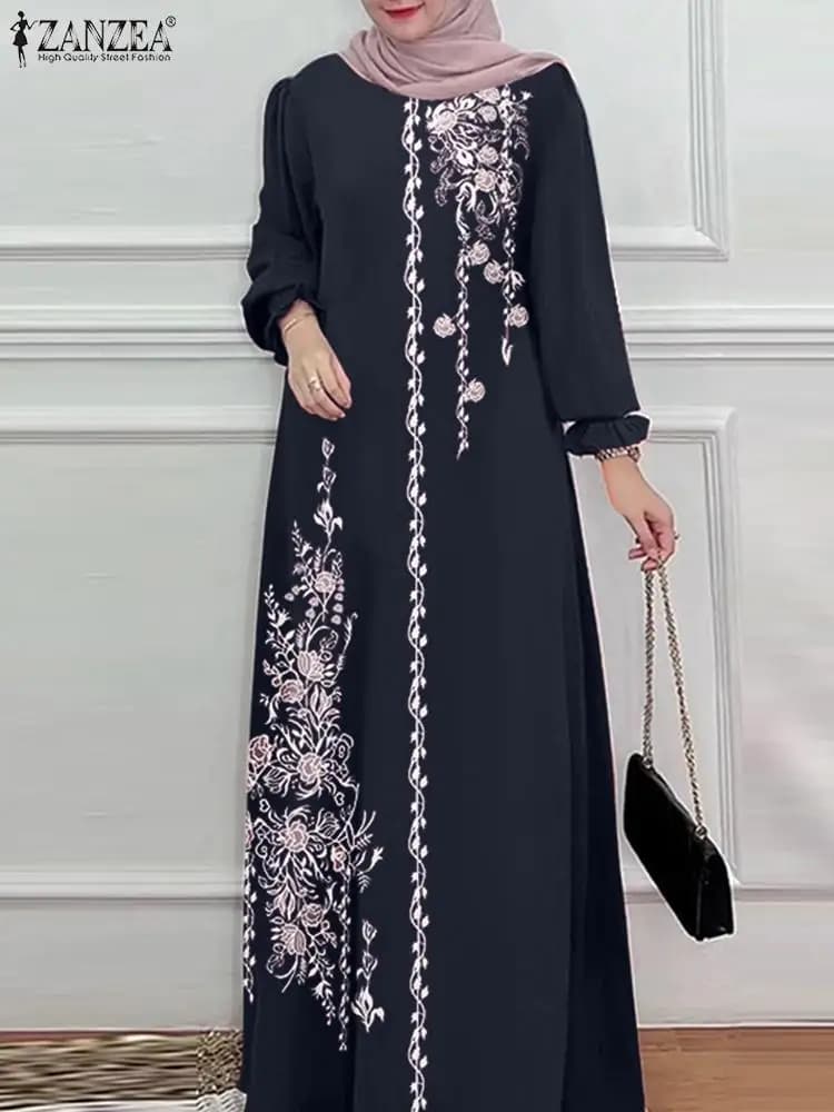 Abito lungo da donna elegante stampato floreale Abaya musulmano ZANZEA Eid Mubarak Abito elegante manica lunga Abiti casual Caftano IsIamic