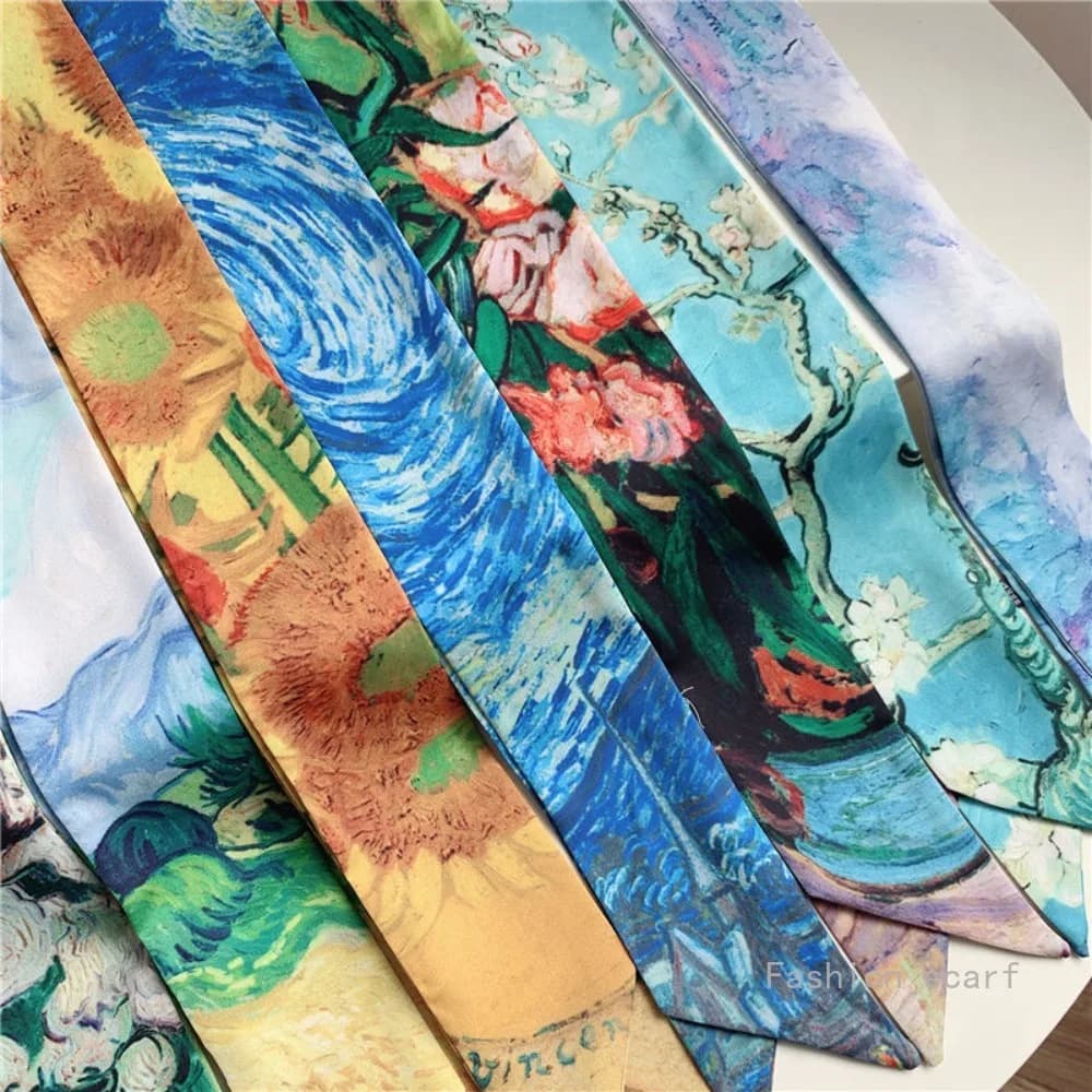 Sciarpa di seta con pittura a olio serie Van Gogh, fascia lunga stretta, borsa con stelle filanti, manico, nastro, sciarpa letteraria decorativa all'ingrosso