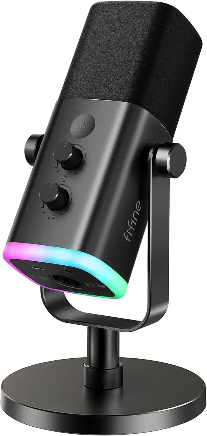 Microfono Dinamico USB/XLR per Registrazione Podcast, Streaming Gaming con Luce RGB, Pulsante Mute, Jack per Cuffie, Supporto da Tavolo