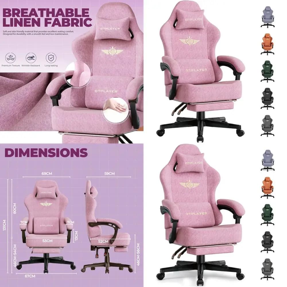 Sedia da gaming ergonomica con schienale alto e cuscino a molla, sedia da scrivania girevole con poggiapiedi, supporto lombare per adulti, tessuto rosa, S