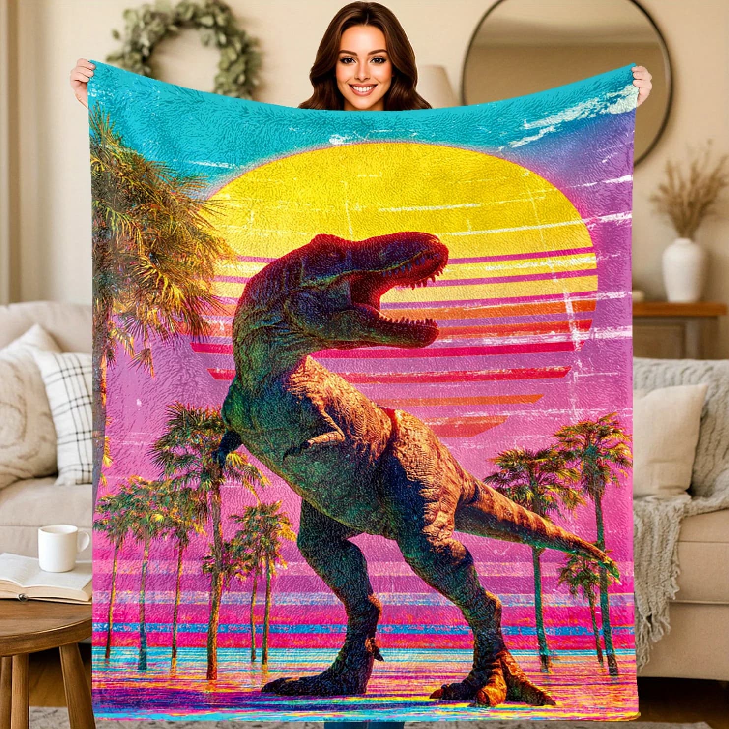 Motivi di dinosauri tropicali Coperta stampata in flanella adatta a tutte le stagioni adatta per divano da ufficio e viaggi