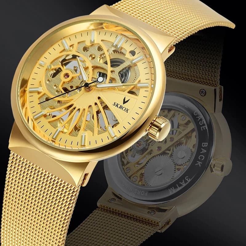 SKROX Orologi da polso da uomo di marca di lusso, in acciaio, scheletrati, ultra sottili, meccanici, con cinturino a rete, impermeabili, a movimento manuale