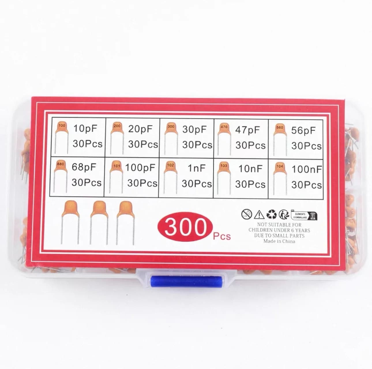 Set di 300 Condensatori Monolitici (10pF ~ 100nF) - 10 Tipi di Componenti Ceramici Non Polarizzati