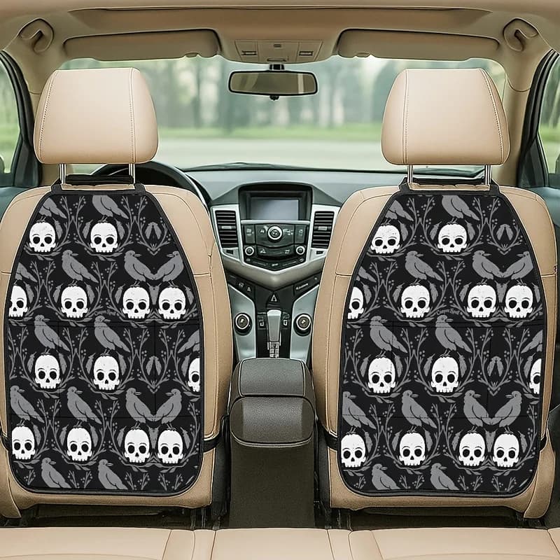 Car Seat Back Covers With Storage Pockets, Skull And Crow Gothic Pattern, Gothic Style