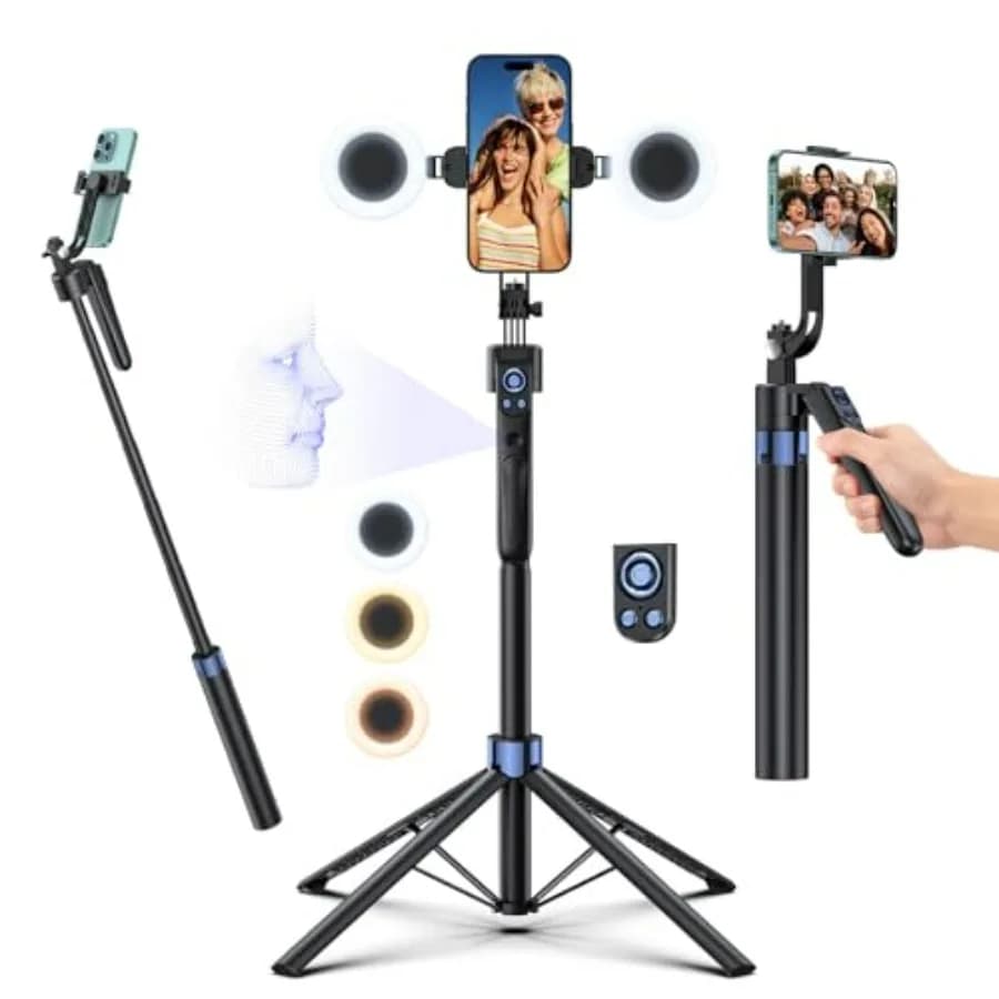 Treppiede Smart con Tracciamento del Viso e Luce LED, Asta Selfie Girevole a 360°, Supporto per Telefono/Camera da 70° in Nero con Telecomando Bluetooth per Video