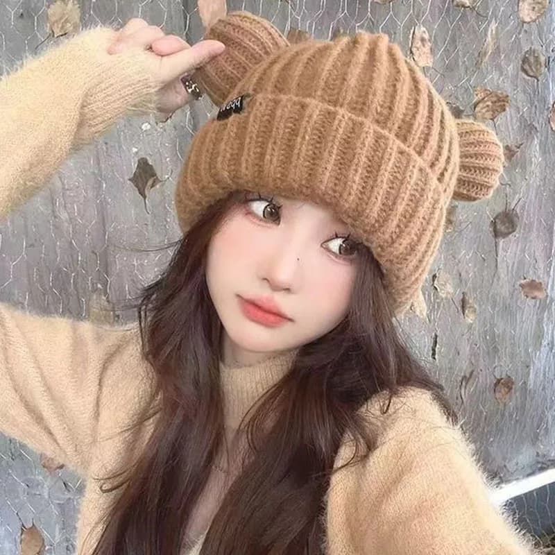 2026 Y2K Sweet Bear Ears Thicken Knitted Hats Women Girls Soft Plush Head Protection Beanies Cute Harajuku Gothic Korean Version