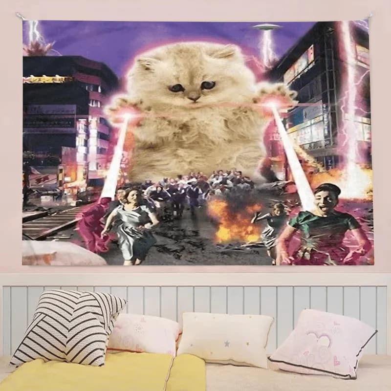 Tapestry Gigante con Gatto che Attacca con Laser, Arte Murale Sci-Fi con Gattini per Decorazione Stanza, Design Pop Culture, Disponibile in Diverse Misure