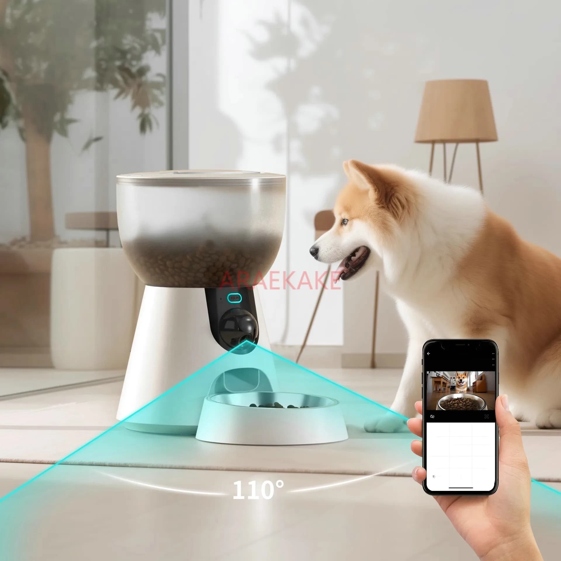Automatic cat feeder with camera, low food and blockage sensors, motion and sound alarms, cat food dispenser
