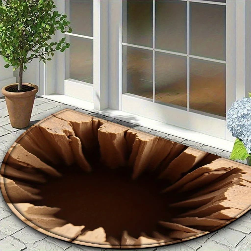 VIKAMA 3D Wooden Crack Hole Optical Illusion Doormat Round Half Circle Non Slip Outdoor Front Entry Decor