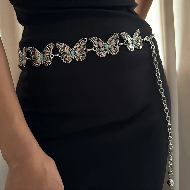 Cintura a catena vintage femminile in vita Punk Y2K Cinture in metallo zaffiro per donna Farfalla Cintura dorata di lusso per gonna estiva Jeans