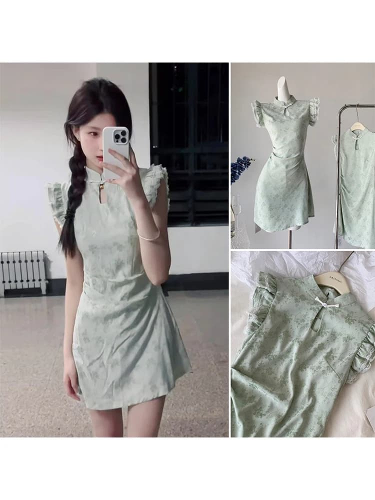 Abito Qipao cinese da donna con motivo a crisantemo, estivo, snellente, con gonna a gilet e maniche corte, elegante