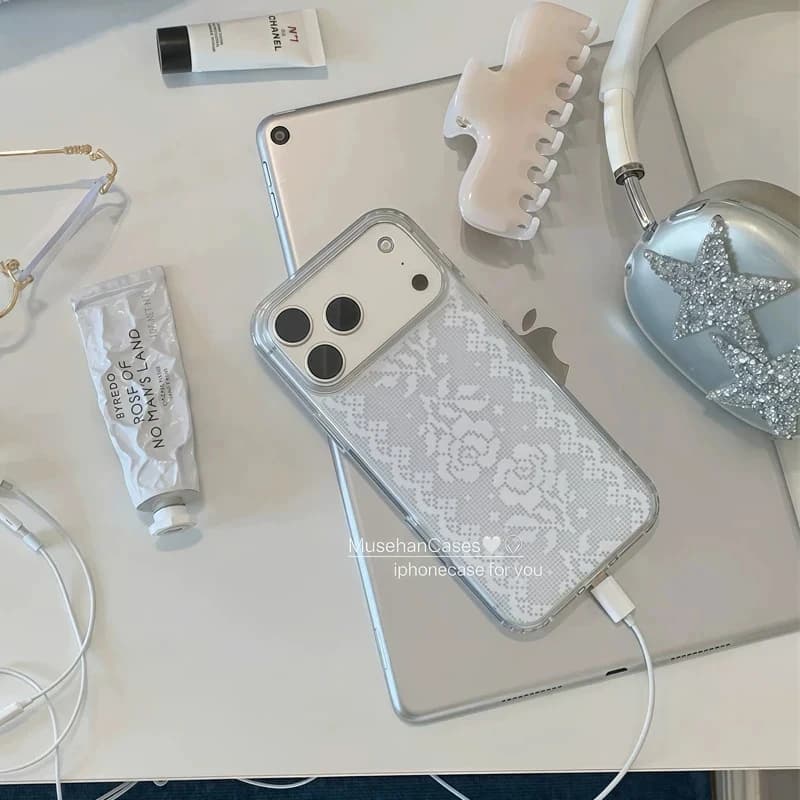 Retro lace Korean phone case with roses, ancient artistic style, exquisite, for iPhone 17 15 14 Plus 13 12 11 Pro XR XS Max MINI, transparent cover