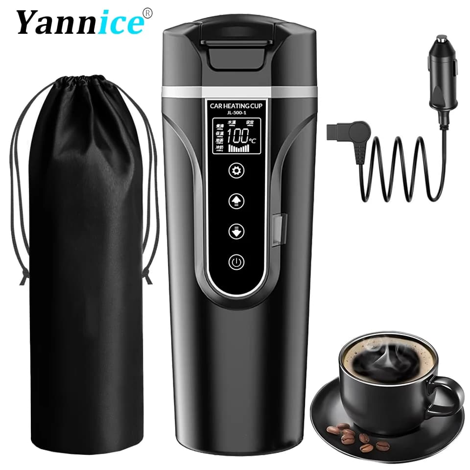 12v/24v Portable Electric Kettle Smart Car Heating Cup Touch Screen Thermal Cup 450ml Car Heating Cup Adjustable Temperature
