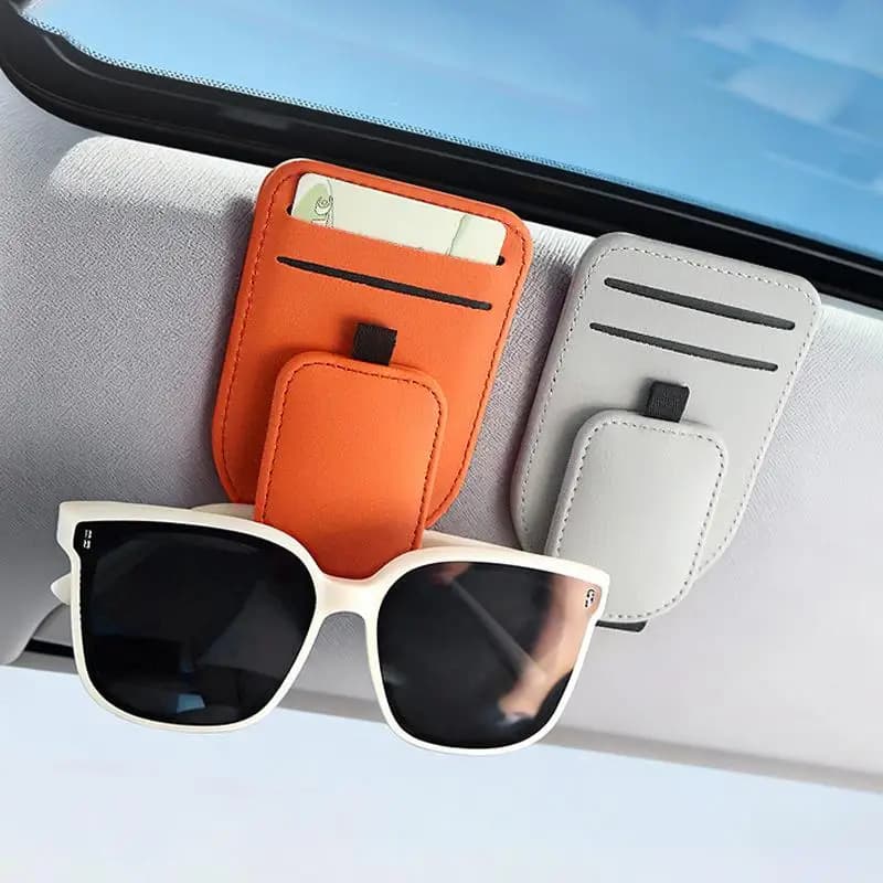 Supporto per occhiali da sole per visiera auto, clip magnetica in pelle per occhiali da auto, organizer per occhiali e carte per interni auto