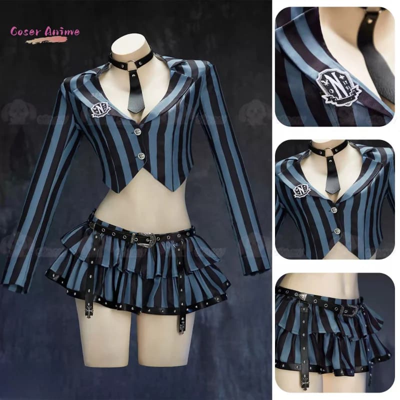 Recently Wednesday Costume Cosplay Halloween Christmas Comic American Hot Girl Set Full Top Skirt Socks Waist Belt
