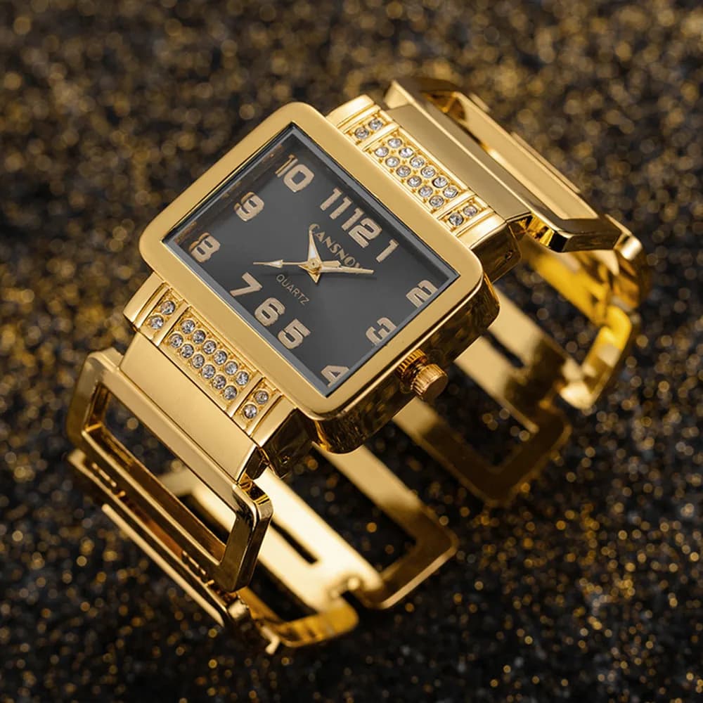 Cansnow Rectangular Women's Watch Wrist Watch Silver Gold For Women's Quartz Watch Cable Steel With Rhinestones
