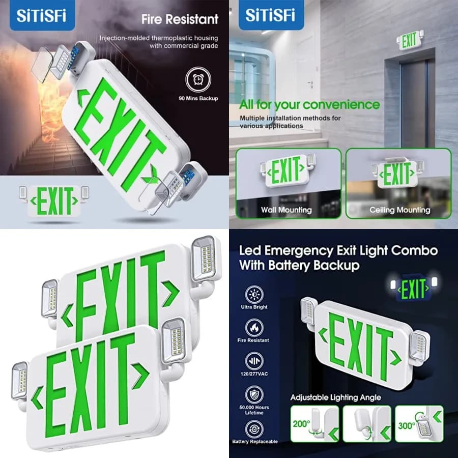Luce di Emergenza a LED con Segnalazione di Uscita, Due Teste Regolabili e Batteria di Backup, Standard USA, per Uso Commerciale
