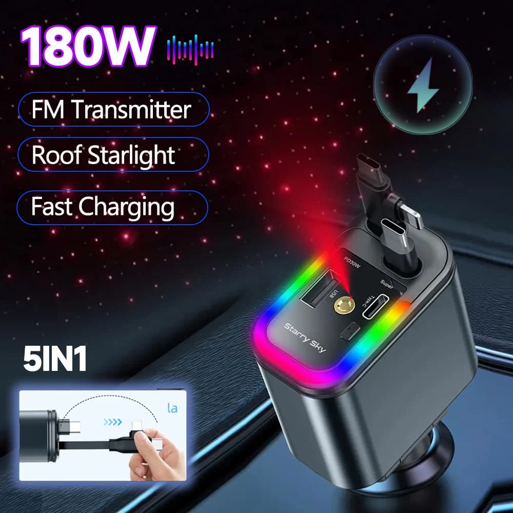 5IN1 Retractable Car Charger FM Starlight Transmitter Phone Type C Cable for iPhone Fast charging cable Adapter for cigarette lighter
