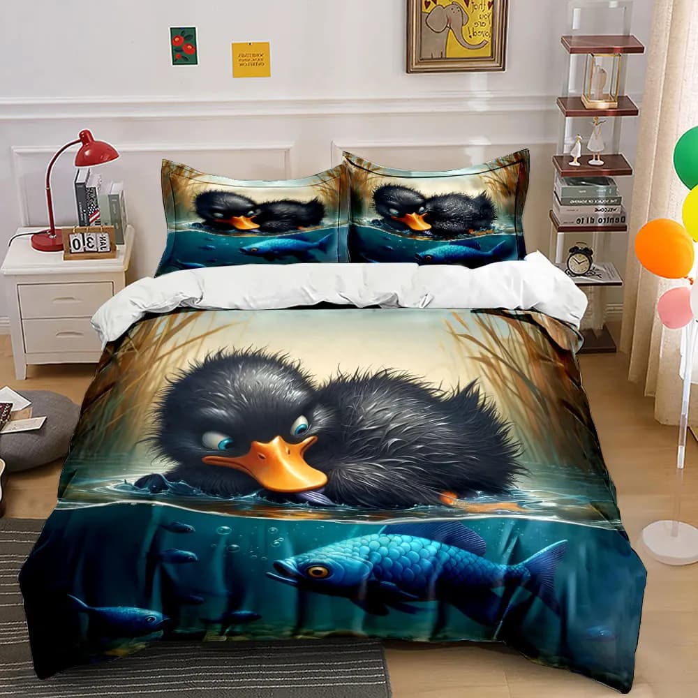 Set copripiumino con motivo anatroccolo nero che osserva pesci blu, stampa digitale, biancheria da letto colorata in poliestere con chiusura a cerniera, regali