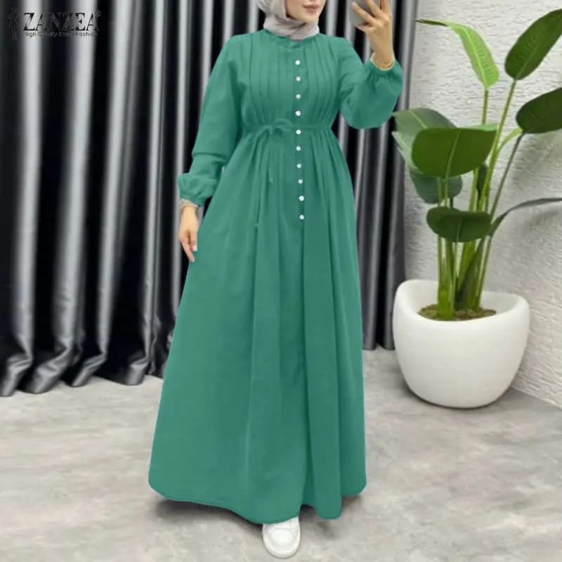 ZANZEA Abiti Lunghi Maxi da Donna Musulmana con Dettagli Pintuck, Collo Alto, Maniche Lunghe e Cintura, Abaya Islamica Modesta