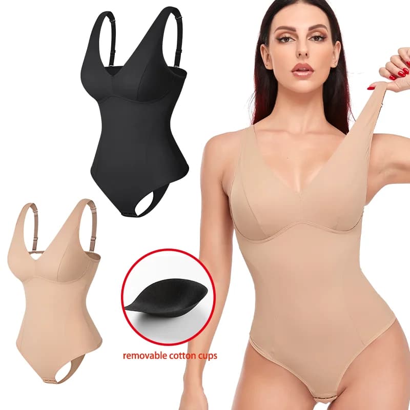 Women Sexy V Neck Corset Built-in Bra Shaperwear Slimming Full Body Shaper Tummy Control Thong Bodysuit Waist Trainer Underwear