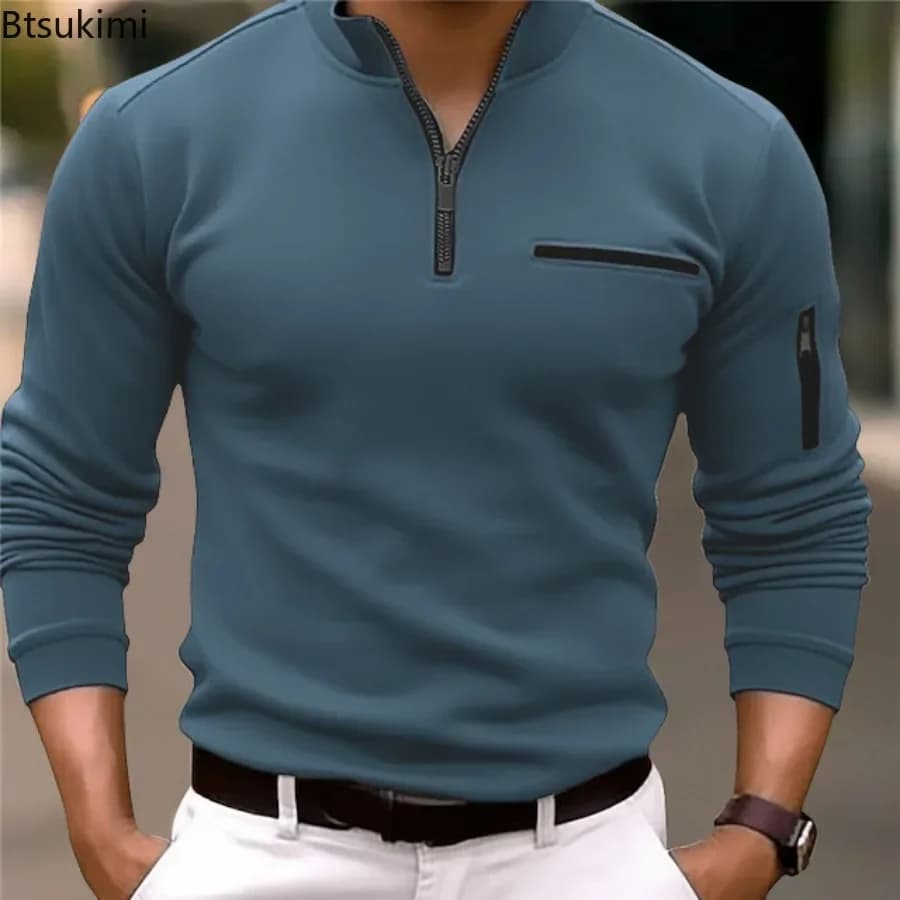 Nuove Polo Primavera Autunno 2026 da Uomo, Top Casual Business alla Moda con Colletto Rialzato e Mezza Zip, Pullover Sportivi da Golf a Tinta Unita