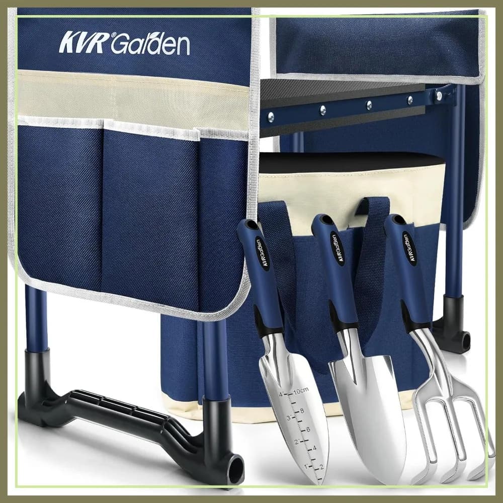 Set da Giardino 7 Pezzi: Poggiapiedi e Sedile Pieghevoli Resistenti con 3 Attrezzi in Alluminio, 2 Tasche e Borsa per il Trasporto, Ideale per Anziani