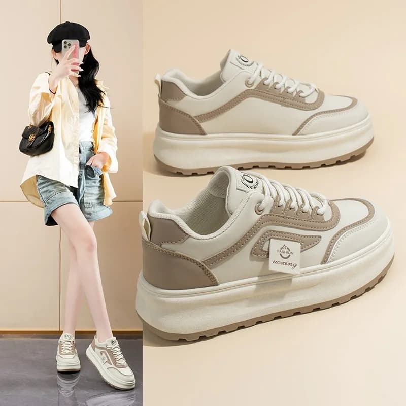 2026 New Women's Leather Sneakers Fashion Trendy Student Board Shoes Thick Sole Non-Slip Mixed Color Women Casual Running Shoes