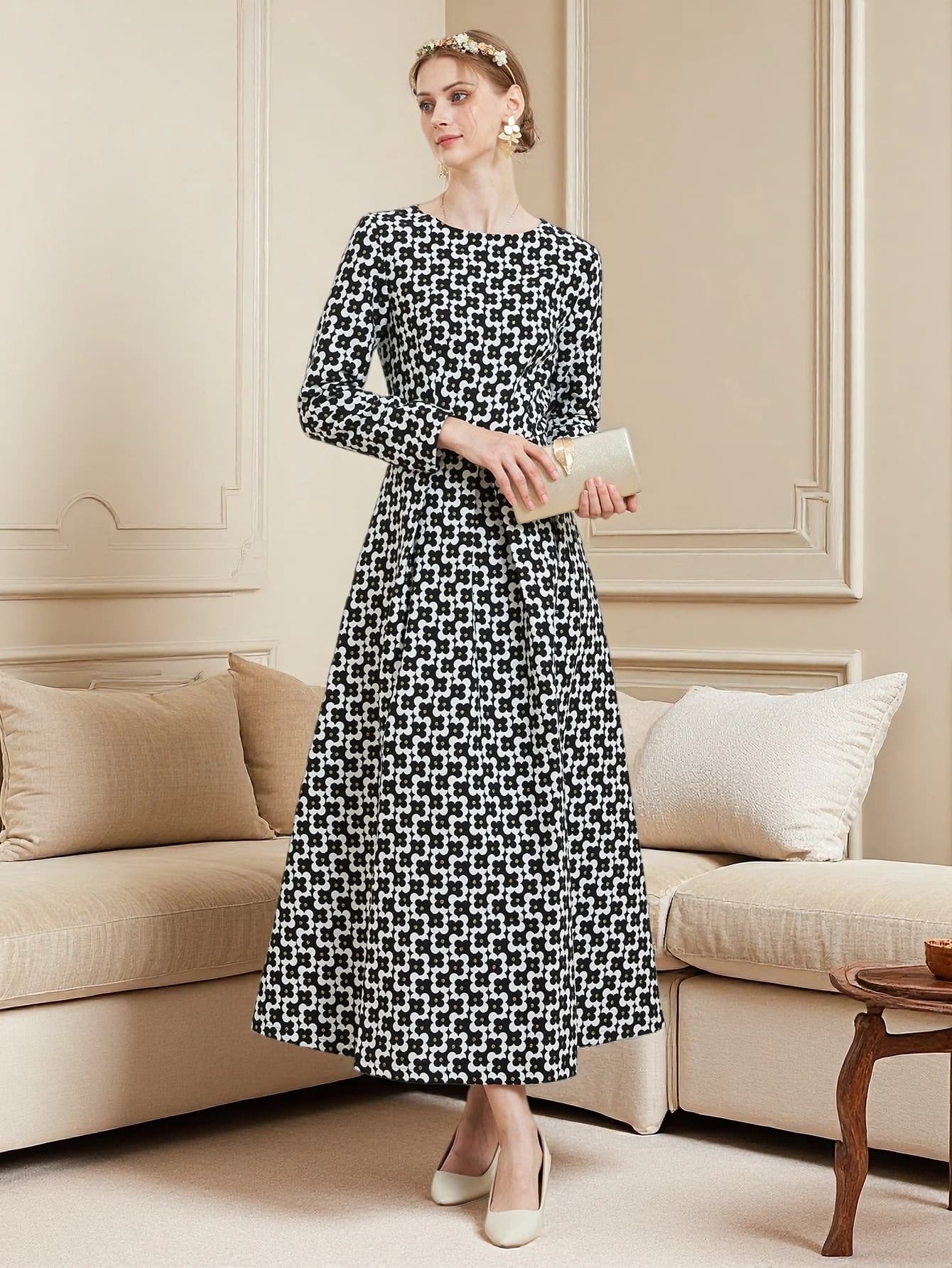 DEVCHATA Abito da donna a maniche lunghe in jacquard con filo d'oro vintage di lusso Moda Primavera Autunno Abiti da festa floreali da donna Abbigliamento