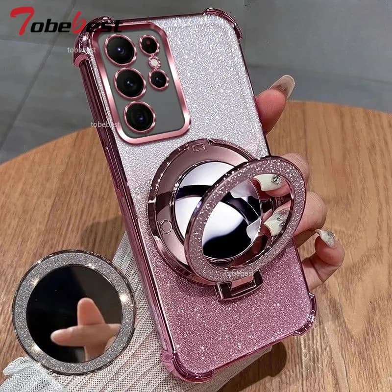 Custodia placcatura antiurto per Samsung Galaxy S25 S24 S23 S22 S21 S20 FE Ultra Plus 5G Cover con supporto magnetico a specchio