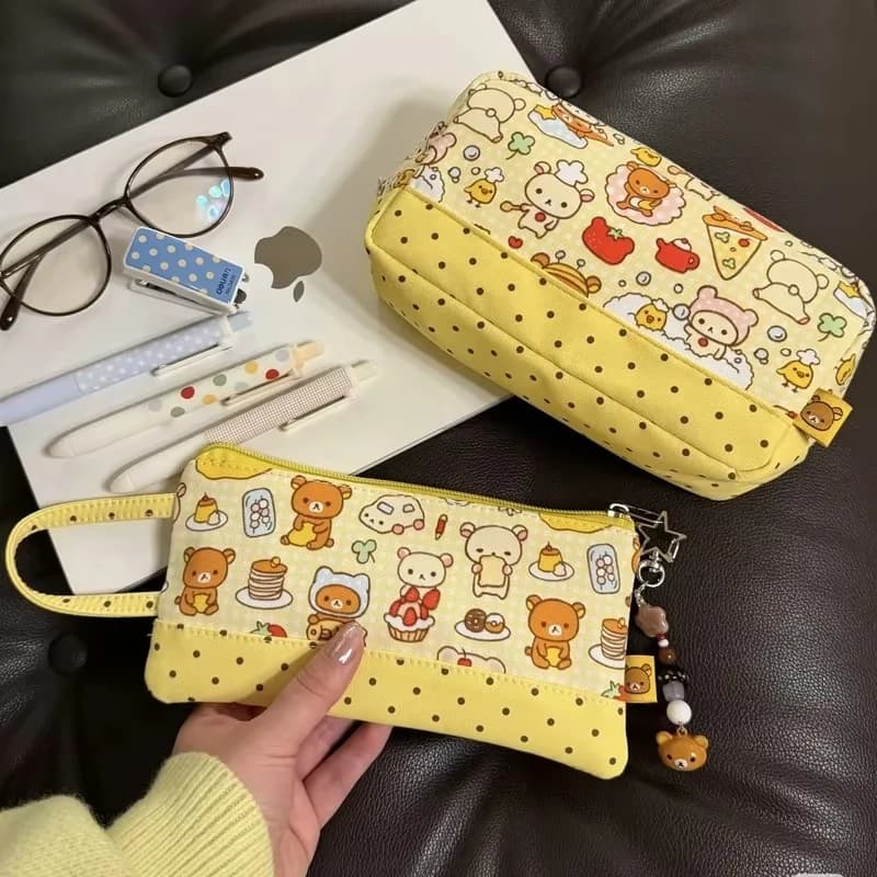 Astuccio Rilakkuma di tendenza, stile giapponese, con stampa di cartoni animati e dessert, a pois, grande capacità, borsa portaoggetti per cancelleria per studenti