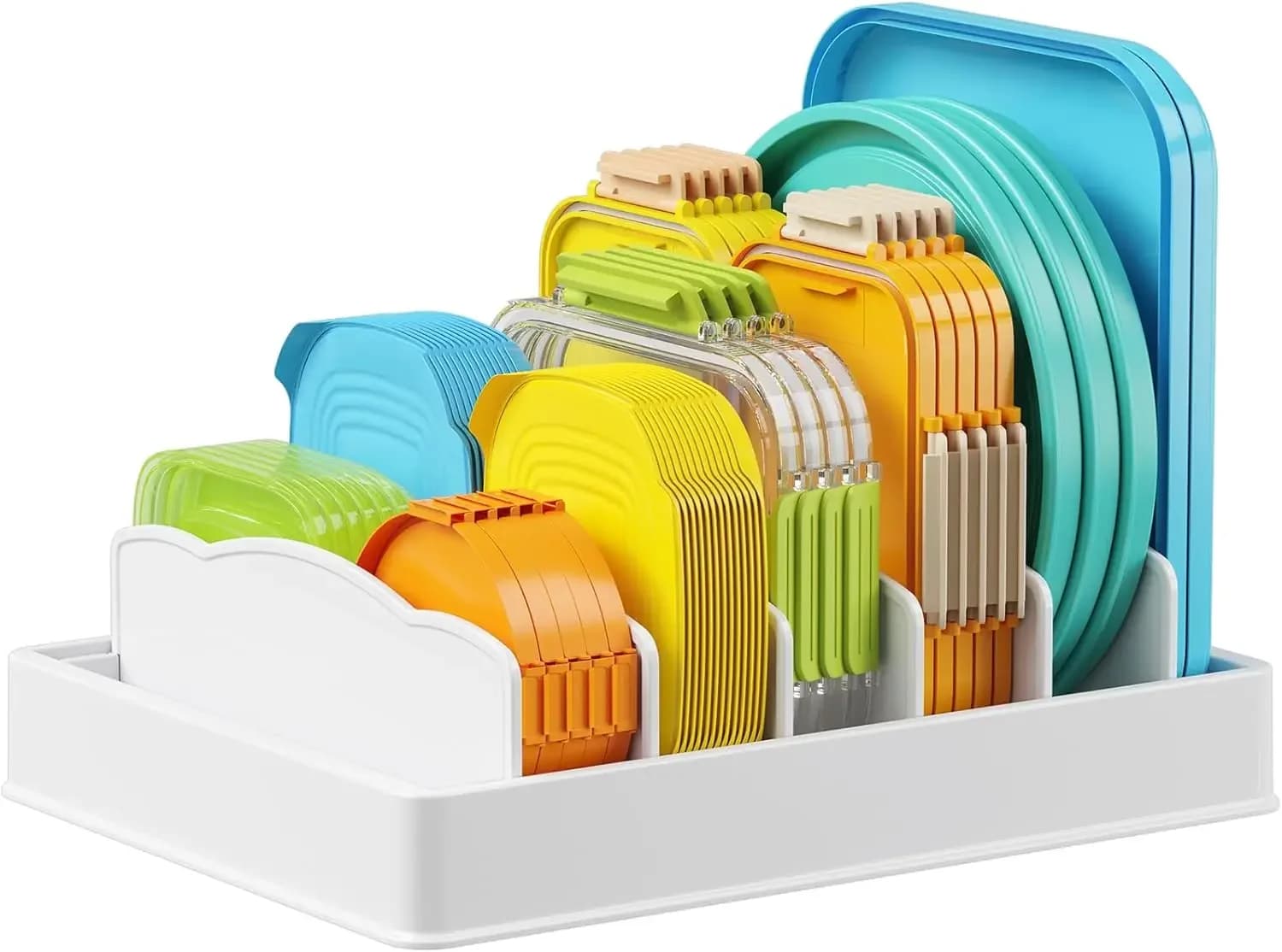 Kitchen Cabinet Organizer for Food Contanier Lid, Lid Holder with 6 Adjustable Dividers & 7 Sections for Pantry Organizers and S