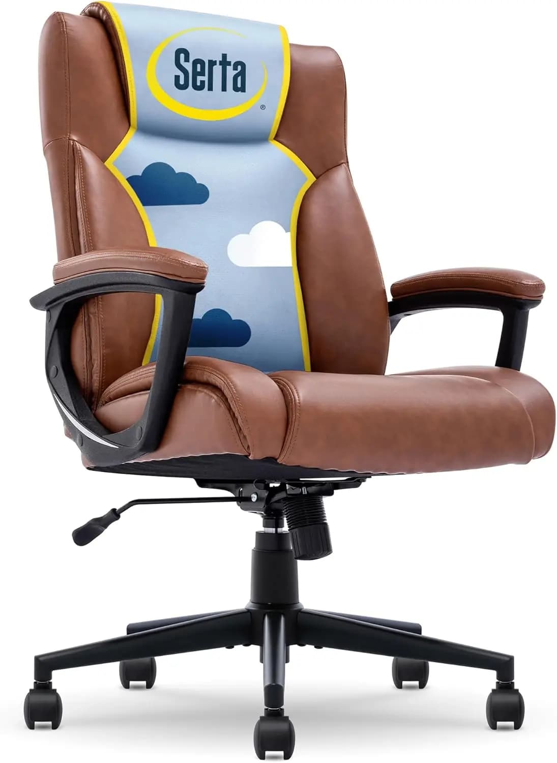 Sedia da ufficio ergonomica con cuscini a strati, altezza regolabile, supporto lombare sagomato e cuoio rigenerato in cognac