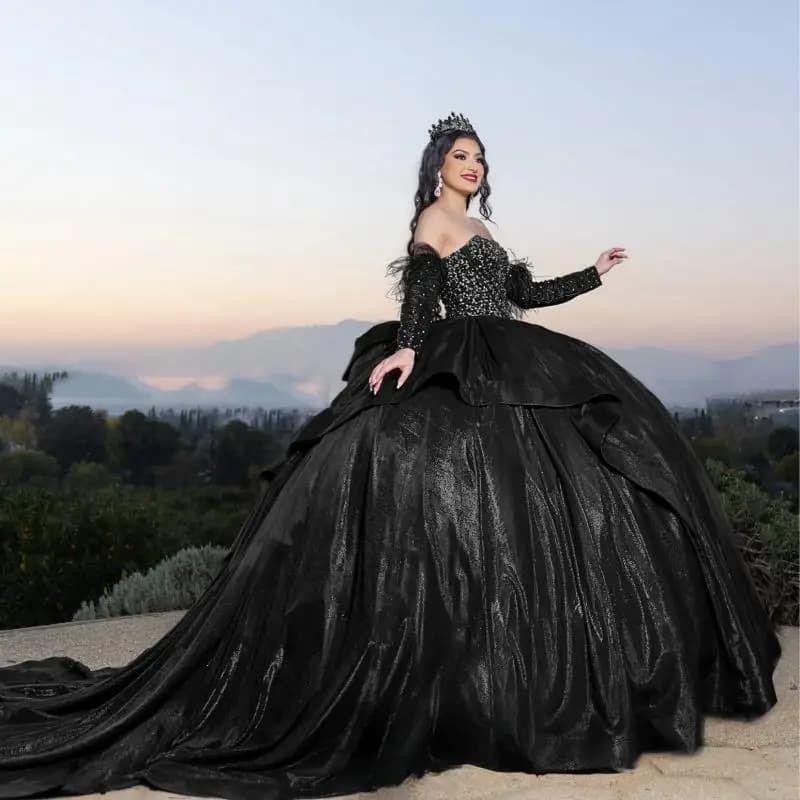 Abiti da ballo personalizzati neri con spalle scoperte Abito Quinceanera per ragazze Perline con fiocco Maniche lunghe Abiti Quinceanera