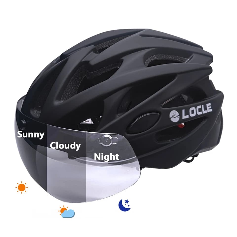 LOCLE Magnetic Photochromic Goggles Cycling Helmet Men Women Bicycle Helmet Lenses Road Mountain Bike Helmet Removable Sunvisor